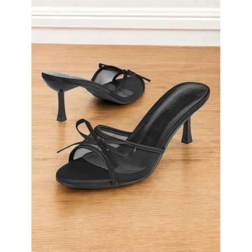 Black Mesh High Heels with Satin Bow Detail – Chic Open-Toe Party Shoes for Women, Perfect for Evening Events and Social Gatherings 2025