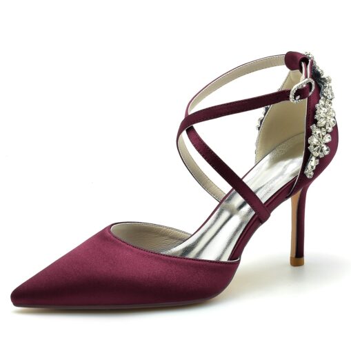 Women's Wedding Shoes Pumps Bridal Shoes Rhinestone Stiletto Pointed Toe Luxurious Satin Cross Strap Wine Black White 2025 - Image 4