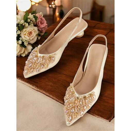 Slingback Wedding Shoes with Beaded Detail for Women - Ivory Crystal-Embellished Flats for Bridal Occasions 2025 - Image 3