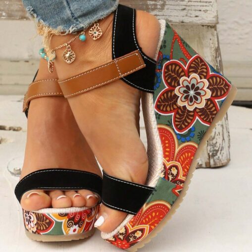 Women's Boho Floral Wedge Sandals – Open-Toe Platform Design with Adjustable Straps for Casual Summer Outfits 2025 - Image 2