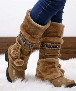 Women's Winter Faux Fur Boots with Decorative Pom-Poms and Beaded Trim - Perfect for Cold Weather and Casual Wear 2025