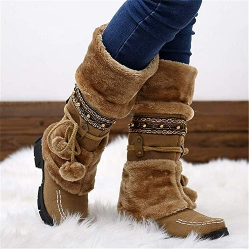 Women's Winter Faux Fur Boots with Decorative Pom-Poms and Beaded Trim - Perfect for Cold Weather and Casual Wear 2025