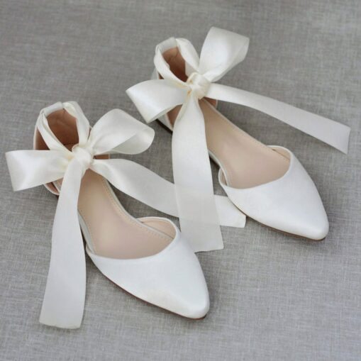 Women's Comfortable Satin Ribbon Tie Ballet Flats – Elegant Ivory Wedding Shoes for Brides and Bridesmaids, Perfect for Formal Events and Special Occa