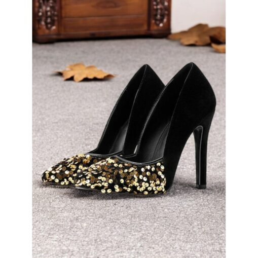 Women's Black Stiletto Heels with Gold Sequin Embellishment – Elegant High Heels for Party, Evening, and Special Occasions 2025 - Image 2
