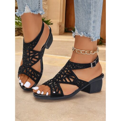 Women's Black Open-Toe Heeled Sandals with Decorative Crisscross Straps and Rhinestone Detailing – Stylish and Comfortable for Casual or Evening Wear 2025