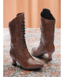 Women's Brown Victorian Lace-Up Boots with Mid Heel - Vintage-Style Retro Footwear for Cosplay, Events & Daily Elegance 2025