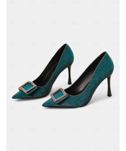 Luxury Women's Teal Velvet Pointed Toe Heels with Crystal Buckle – Elegant Stiletto Shoes for Formal Events, Parties, and Weddings 2025
