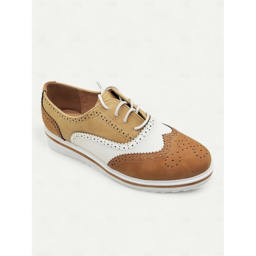 Women's Pink and Beige Brogue Oxford Sneakers, Lace-Up Casual Shoes with Wingtip Detailing for Everyday Wear 2025 - Image 3