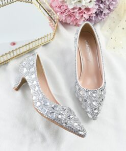 Women's Gold Rhinestone Embellished Pointed Toe Kitten Heels – Luxury Bridal or Evening Party Shoes 2025