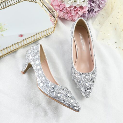 Women's Gold Rhinestone Embellished Pointed Toe Kitten Heels – Luxury Bridal or Evening Party Shoes 2025