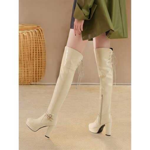 Women's Patent Faux Leather Thigh-High GoGo Platform Boots - Sleek Over-the-Knee Design with Block Heels and Buckle Detailing, Ideal for Parties and F - Image 3