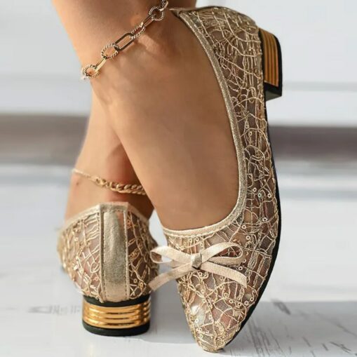 Women's Flats Plus Size Sparkly Sandals Comfort Shoes Outdoor Daily Solid Color Summer Bowknot Lace Chunky Heel Pointed Toe Elegant Casual PU Loafer S