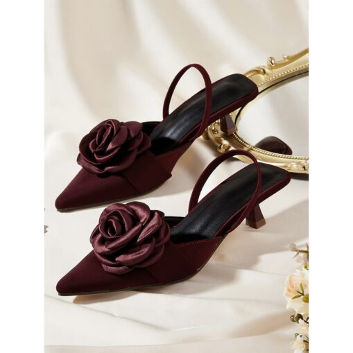 Red Satin Pointed-Kitten Heels with Rose Decoration for Women - Ideal for Weddings and Summer Events 2025 - Image 7