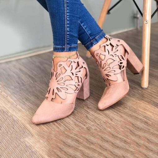 Women's Black Cutout Block Heel Pumps – Stylish Pointed Toe Shoes with Floral Design for Parties or Evening Wear 2025 - Image 2