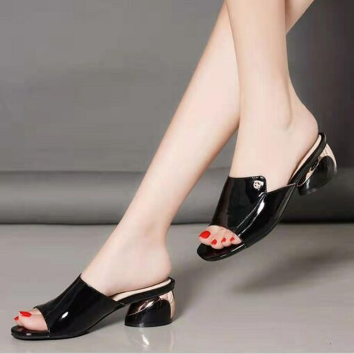 Women's Red Patent Faux Leather Open-Toe Mules with Metallic Block Heels - Chic and Comfortable for Evening Parties 2025 - Image 3