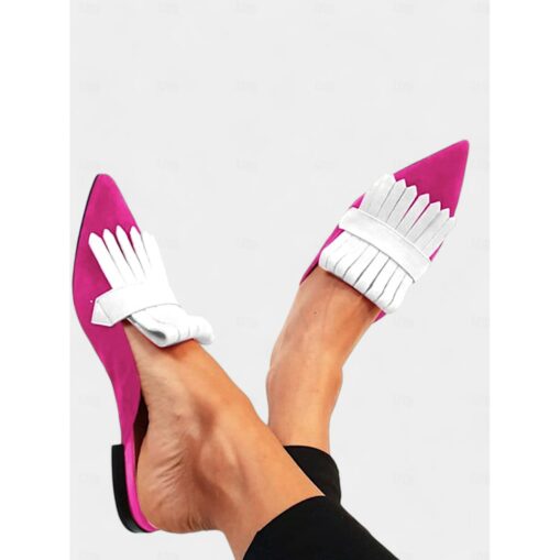 Women's Boho Chic Fringe Pointed-Toe Mules – Vibrant Purple and Orange Slip-On Flats with Suede Finish, Perfect for Casual Outings and Summer Fashion - Image 3