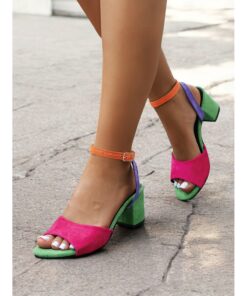 Women's Multicolor Faux Suede Open-Toe Block Heel Sandals with Adjustable Ankle Strap – Trendy and Comfortable for Summer, Parties and Casual Wear 202