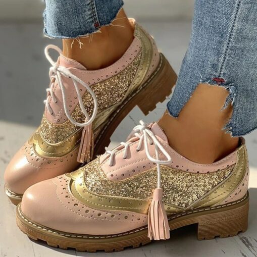 Women's Pink and Gray Glitter Wingtip Oxford Shoes with Chunky Sole - Stylish Lace-Up Brogues for Casual and Statement Outfits 2025 - Image 4