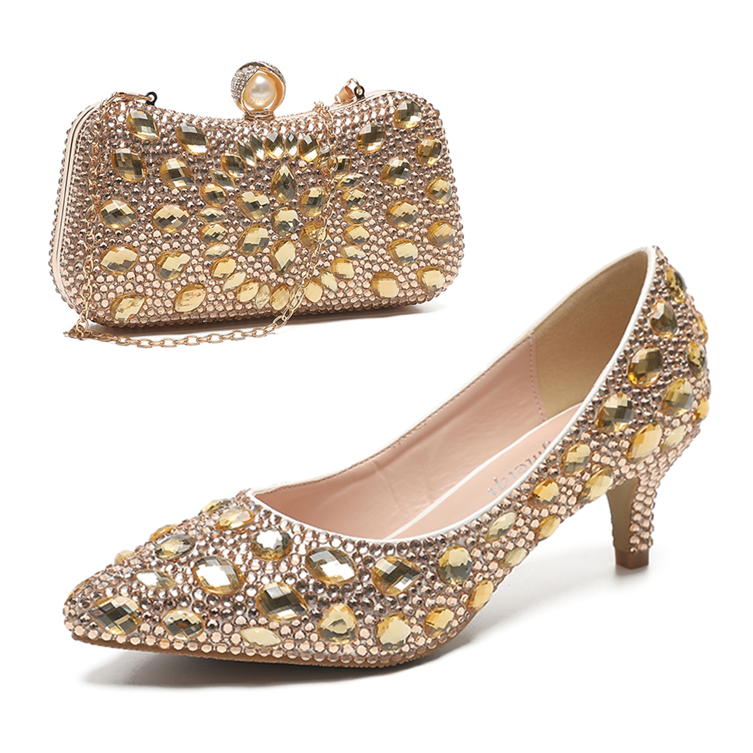 Women's Crystal-Embellished Kitten Heel Shoes and Matching Clutch Set - Elegant Rhinestone Wedding Pumps with Evening Bag 2025 - Image 3