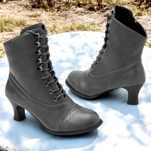 Women's Victorian Brown Lace-Up Mid-Heel Boots with Zipper - Perfect for Everyday Wear and Vintage-Themed Events 2025 - Image 3