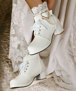 Women's White Bridal Ankle Boots – Lace-Up Wedding Shoes with Heart and Pearl Decoration, Chunky Heel for Vintage-Inspired Brides 2025