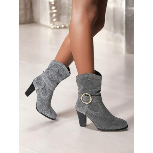 Women's Purple Faux Suede Ankle Boots with Glitter Strap and Gold Buckle, Stylish High Heel Booties for Parties and Evening Wear 2025 - Image 2
