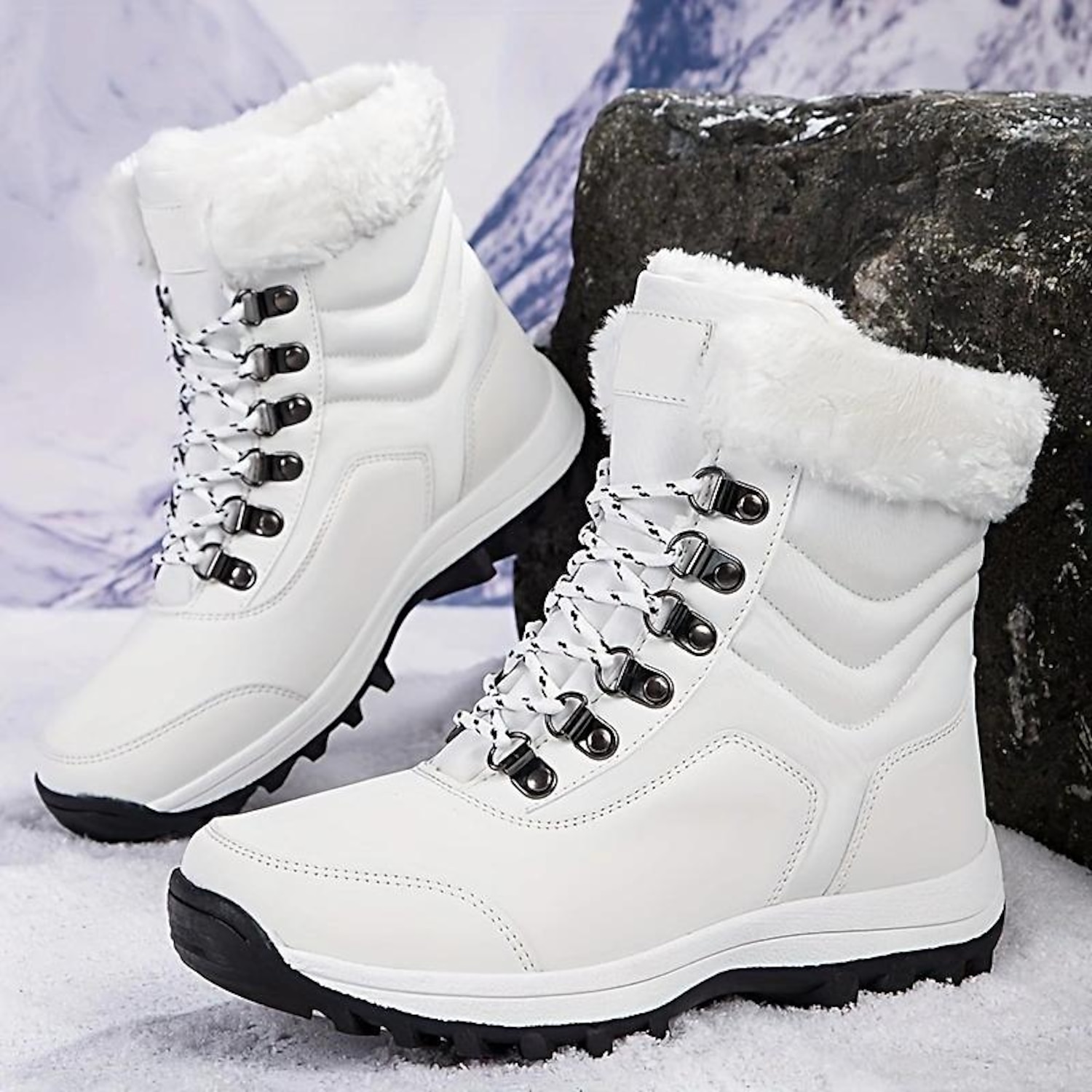 Women's White Winter Snow Boots with Faux Fur Lining and Lace-Up Design - Waterproof and Insulated Cold Weather Footwear 2025