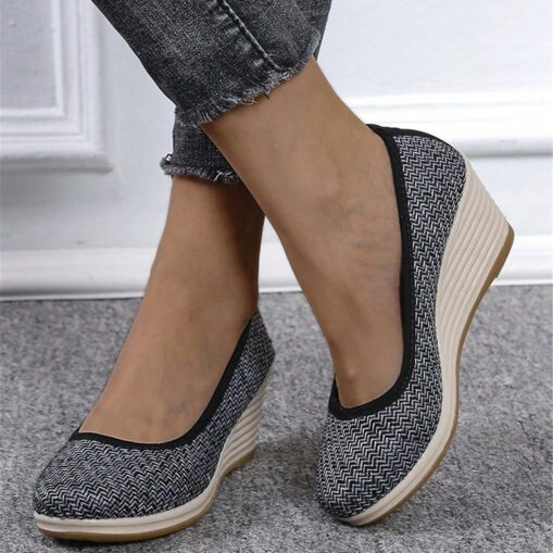 Women's Beige Woven Fabric Wedge Shoes – Comfortable Slip-On Platform Heels for Casual Summer and Daily Wear 2025 - Image 5