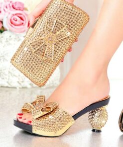 Women's Gold Rhinestone-Embellished Heels with Matching Clutch Bag – Elegant Open-Toe Sandals for Weddings & Special Occasions 2025