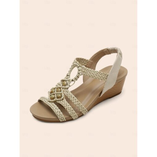 Women's Boho Braided Wedge Sandals with Beaded Embellishments – Stylish and Comfortable Open-Toe Shoes for Summer, Beach, and Casual Occasions 2025 - Image 2