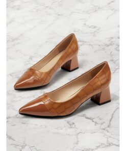 Women's Stylish Brown Crocodile-Embossed Pumps with Block Heel | Perfect for Work and Parties 2025