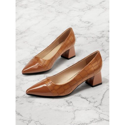 Women's Stylish Brown Crocodile-Embossed Pumps with Block Heel | Perfect for Work and Parties 2025