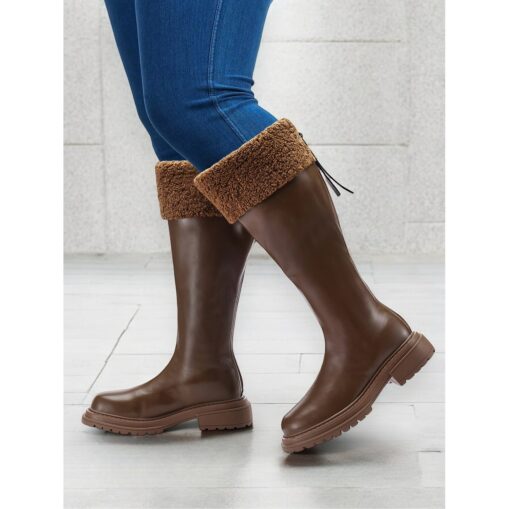 Women's Extra Wide Calf Brown Knee-High Boots with Faux Fur Cuff – Cozy Winter Footwear with Rugged Sole for Outdoor Comfort 2025