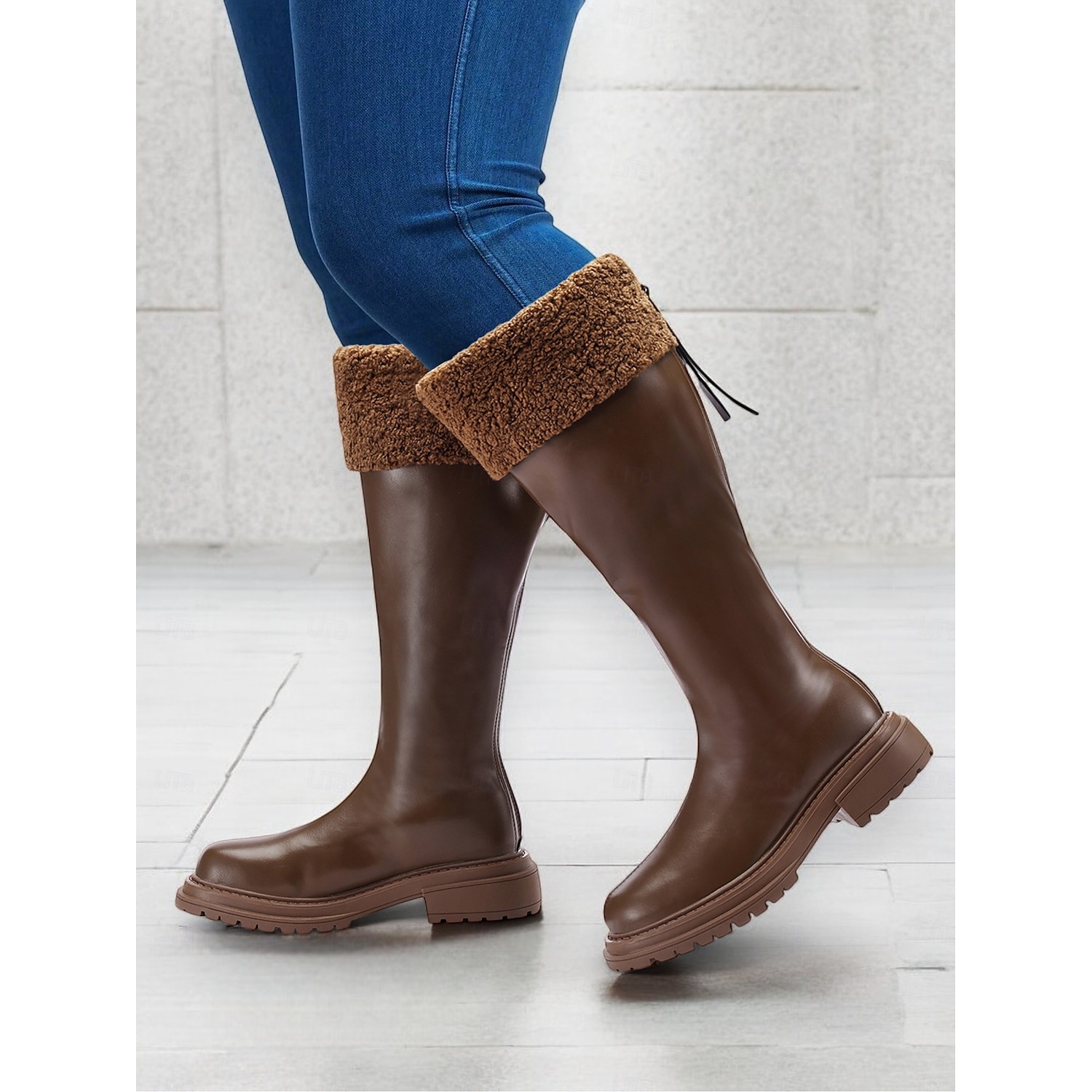Women's Extra Wide Calf Brown Knee-High Boots with Faux Fur Cuff – Cozy Winter Footwear with Rugged Sole for Outdoor Comfort 2025