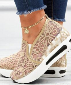 Women's Beige Lace Mesh Slip-On Platform Sneakers with Air Cushion Sole - Stylish and Comfortable Casual Shoes for Daily Wear 2025