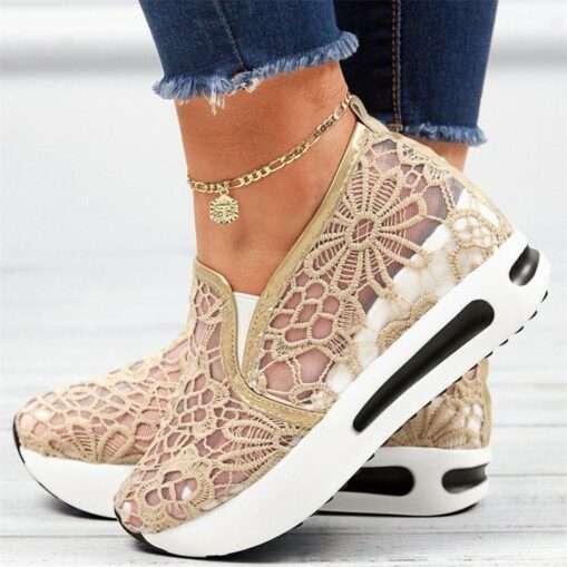 Women's Beige Lace Mesh Slip-On Platform Sneakers with Air Cushion Sole - Stylish and Comfortable Casual Shoes for Daily Wear 2025