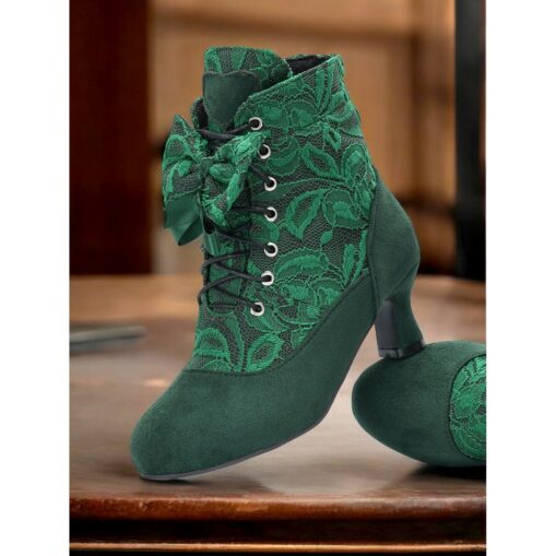 Women's Victorian Lace-Up Ankle Boots - Green Suede High Heel Booties for Vintage and Steampunk Costumes 2025 - Image 5
