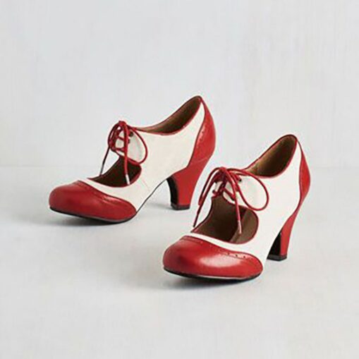 Women's Black and White Vintage Oxford Heels with Lace-Up Design, Retro Chunky Heel Shoes for Formal and Casual Wear 2025 - Image 2