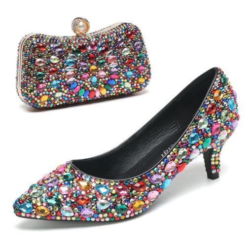 Women's Crystal-Embellished Kitten Heel Shoes and Matching Clutch Set - Elegant Rhinestone Wedding Pumps with Evening Bag 2025 - Image 4