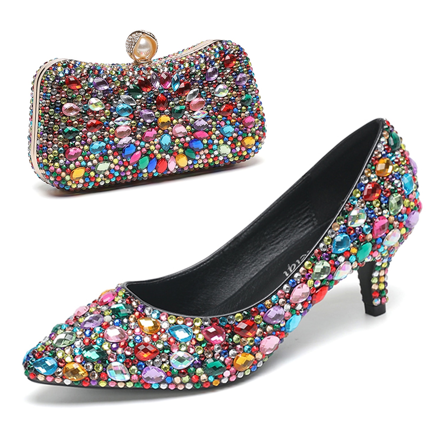 Women's Crystal-Embellished Kitten Heel Shoes and Matching Clutch Set - Elegant Rhinestone Wedding Pumps with Evening Bag 2025 - Image 4