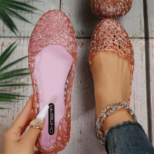 Women's Gold Glitter Jelly Flats - Sparkling Flexible Slip-On Shoes for Summer and Casual Occasions 2025 - Image 2