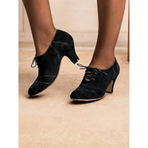 Vintage Two-Tone Faux Suede Lace-Up Women's Oxford Shoes – Retro-Inspired Green and Teal Block Heel Shoes for Casual and Office Wear 2025 - Image 4