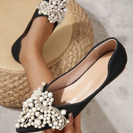 Wedding Shoes for Bride Bridesmaid Women Closed Toe Pointed Toe Apricot Black PU Flats with Imitation Pearl Crystal Flat Heel Wedding Party Valentine' - Image 2