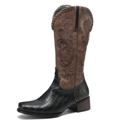 Men's Western Cowboy Boots – Brown Faux Leather with Embroidered Patterns and Crocodile Texture for Vintage Style 2025 - Image 2