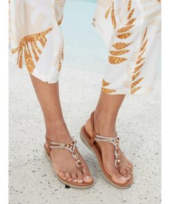 Women's Boho T-Strap Beaded Sandals – Casual Flat Summer Shoes with Elastic Ankle Strap, Perfect for Beach and Everyday Wear 2025