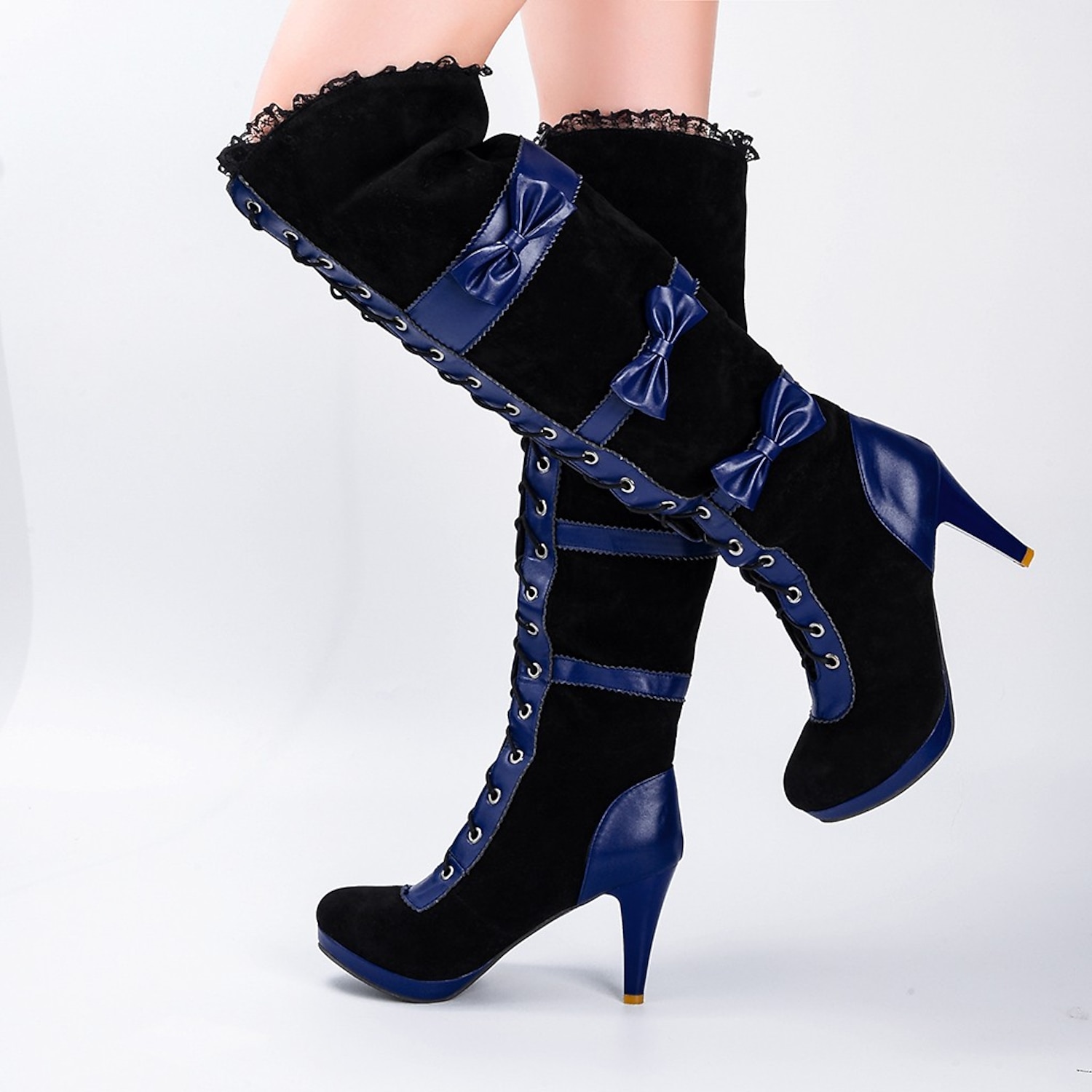 Women's Black Victorian Lace-Up Knee-High Boots with Bow Accents and Stiletto Heels - Perfect for Gothic and Cosplay Styles 2025 - Image 2