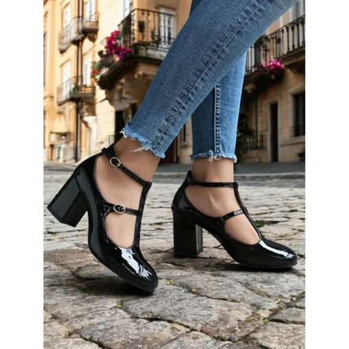 Women’s 1980s Red Patent Leather Mary Jane T-Strap Heels with Block Heel – Stylish and Comfortable Footwear for Casual and Formal Events 2025 - Image 2
