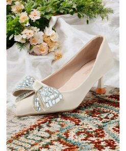 Women's Elegant Cream Kitten Heels with Rhinestone Bow – Stylish and Comfortable Party Shoes 2025