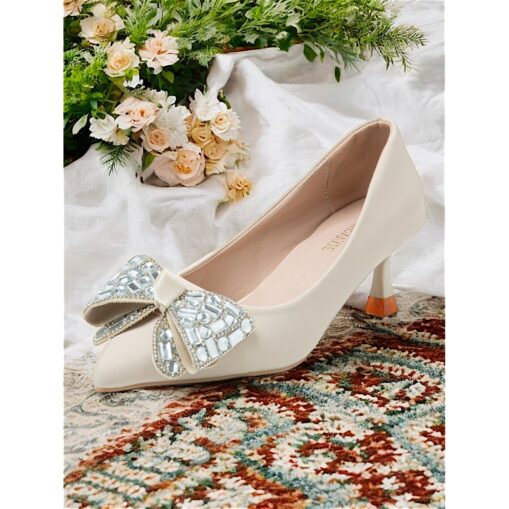 Women's Elegant Cream Kitten Heels with Rhinestone Bow – Stylish and Comfortable Party Shoes 2025