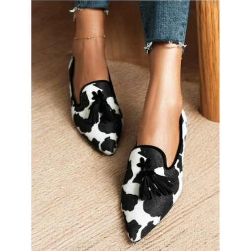 Women's Cow Print Tassel Loafers with Green Trim – Stylish Slip-On Dress Shoes for Casual and Formal Occasions 2025 - Image 2